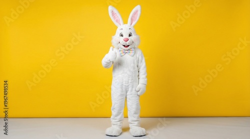 A full-body studio photograph of a cheerful white Easter bunny mascot wearing a pastel bowtie and giving a thumbs-up against a split bright yellow and light gray background.