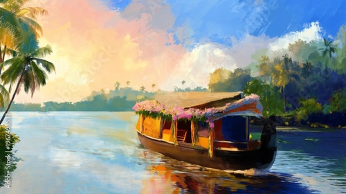 Boat Travels Through Water With Flowers on the Side Under a Colorful Sky at S...
