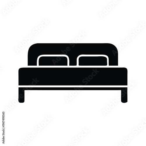 A simple black icon of a bed with two pillows sits on a white background.
