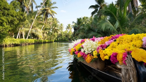 Boat Travels Through Water With Flowers on the Side Under a Colorful Sky at S...