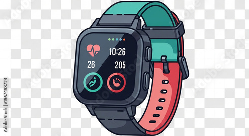 A modern smartwatch with interchangeable bands on a transparent background