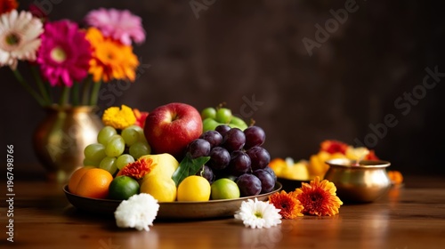 Colorful Fruit and Snack Display on a Wooden Table During a Festive Gathering...