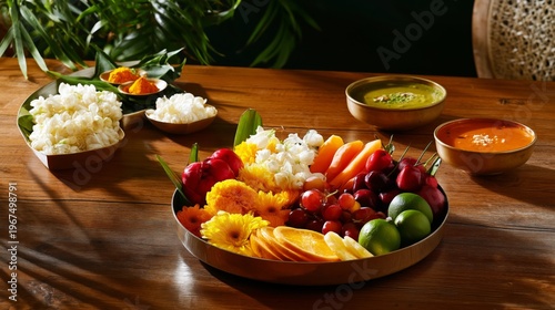 Colorful Fruit and Snack Display on a Wooden Table During a Festive Gathering...