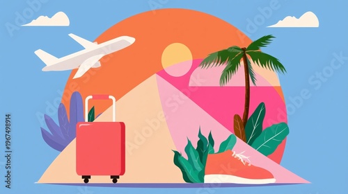 Travel Planning With a Suitcase, Sneaker, and Airplane in a Colorful Setting