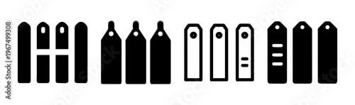 Group of identical tags and rectangles in black and white, representing brand consistency and product lines.