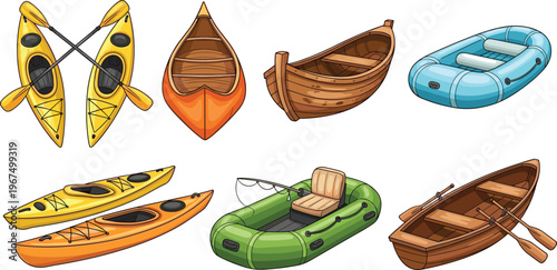 Vector Set of Kayaks, Inflatable Boats, Wooden Rowboats, and Fishing Boat for Outdoor, Water Sports, and Adventure Activities Designs