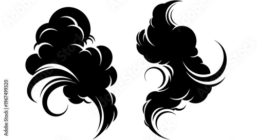 Two black smoke clouds with swirling tendrils on a white background, creating a dramatic and dynamic visual effect.