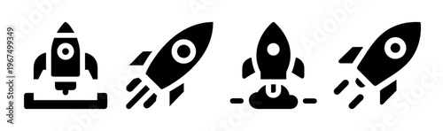 Set of four black rocket icons symbolizing business launch, startup, and progress