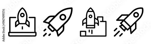 Collection of four outline rocket icons for business launch, startup, and new projects