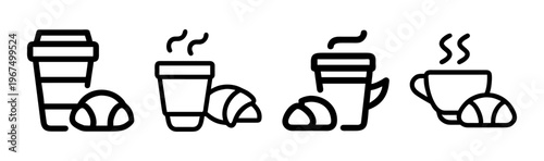 Four outline icons depicting coffee cups and croissants, symbolizing breakfast service