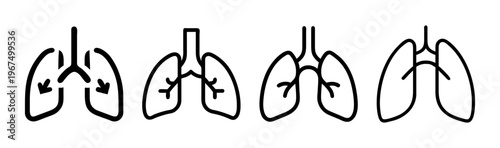 Set of four line art icons illustrating lungs and breathing exercises for health