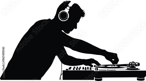 Disc Jockey at Party Playing Music Monochrome Vector Illustration