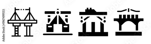 Collection of bridge construction icons showing different architectural styles