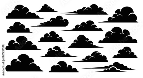 Collection of various dark cloud silhouettes against a white background.