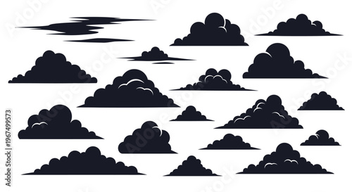 Dark cloud silhouettes set on a white background.