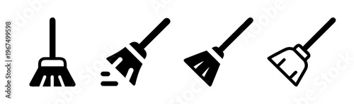 Collection of four broom icons for cleaning and sweeping in solid and outline.