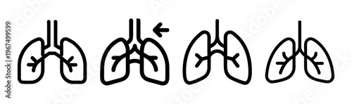 Four line art icons showing lungs and breathing actions for health and wellness