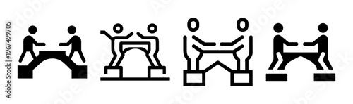 Vector icons showing people constructing bridges, representing collaboration and overcoming obstacles.