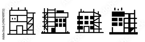 Building construction with scaffolding icons, urban development and renovation concept.