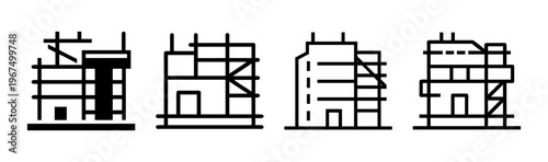 Building under construction with scaffolding icons, representing urban development.