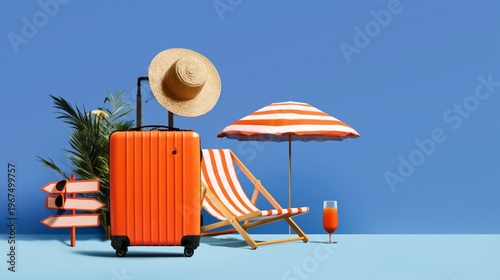 Colorful Beach Scene With a Suitcase, Chair, Umbrella, Drink, and Decorations...