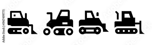 Set of bulldozer icons representing construction, heavy machinery, and earthmoving equipment