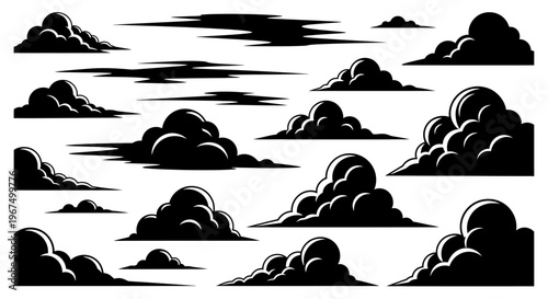 Diverse black cloud silhouettes graphic collection on white background.