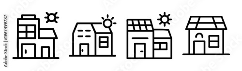 Houses with solar panels icons, sustainable energy and eco-friendly living concept.
