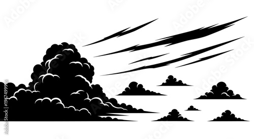 Dynamic black and white illustration of storm clouds and streaking lines.