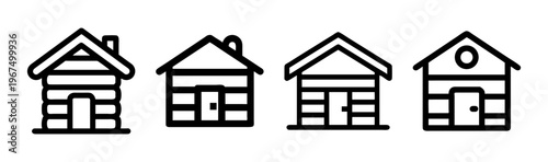 Collection of four simple line art icons representing log cabins and rustic houses.