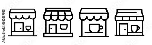 Four stylized line art icons representing coffee shops and cafes with outdoor seating.