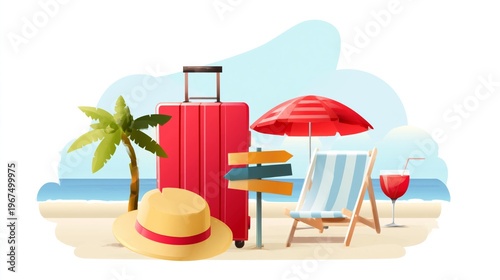 Bright Summer Scene With Suitcase, Palm Trees and Colorful Chair Set up for V...