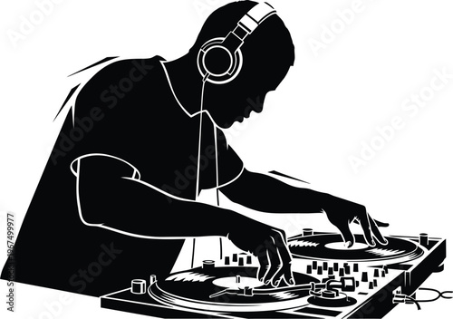 Monochrome DJ Disc Jockey Performing Music Vector Illustration Clean Style