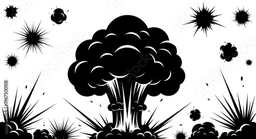 Massive explosion with smoke and debris, black and white illustration.