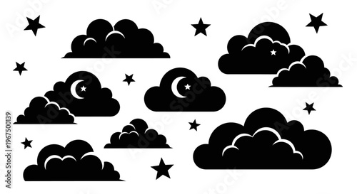 Night Sky Silhouette with Clouds and Stars.