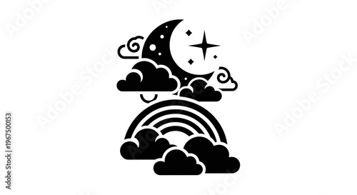 Moon and rainbow with clouds and stars in a black and white silhouette.