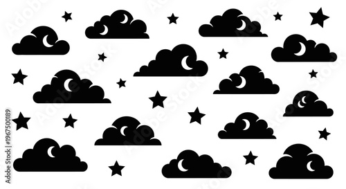 Night sky with crescent moons and stars peeking through dark clouds.