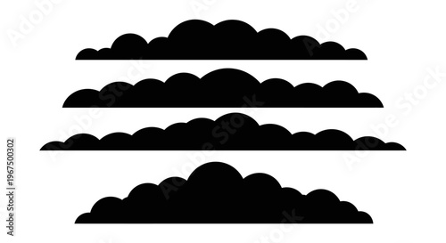 Set of four black cloud silhouettes isolated on a white background.