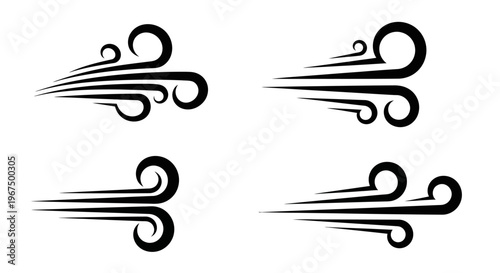 Set of four black wind icons representing air movement and speed.