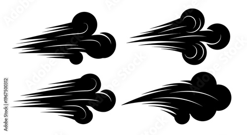 Set of four black speed lines and motion trails for fast movement effect.