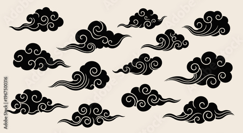 Set of traditional Asian clouds in black and gold.