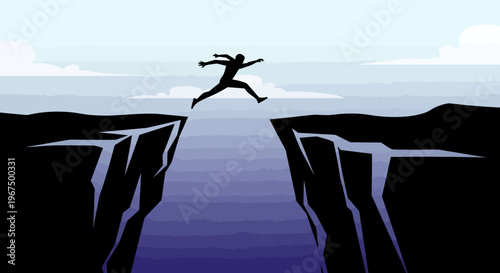 Silhouette of a person leaping across a wide chasm between two cliffs, symbolizing overcoming challenges and taking risks.