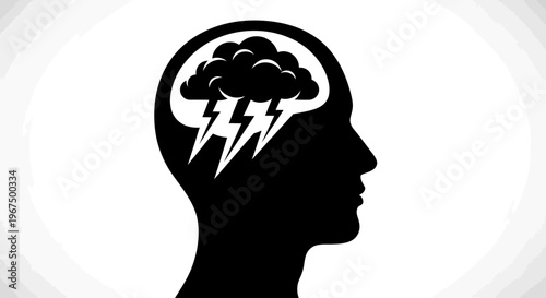 Silhouette of a human head with a storm cloud and lightning bolts inside, symbolizing stress or mental turmoil.
