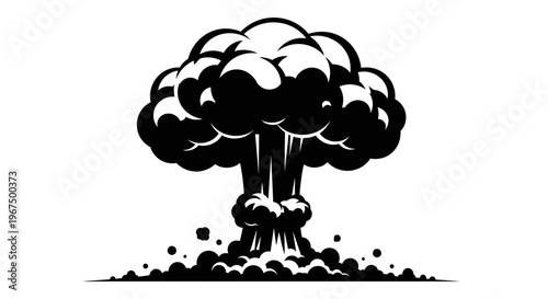 Stylized black and white mushroom cloud explosion illustration.