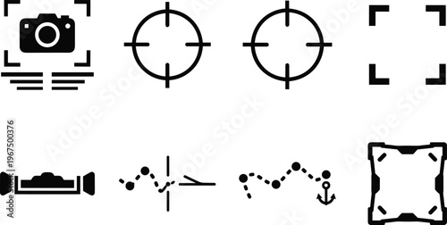 Camera focus and tracking icons set including target frame motion path object tracking and framing tools isolated on white background