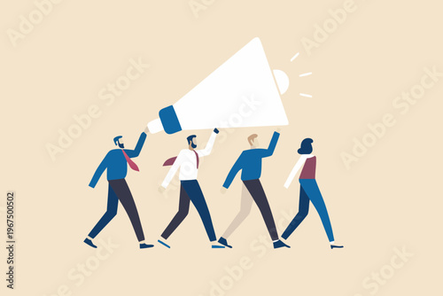 A group of people enthusiastically promoting an idea with a megaphone