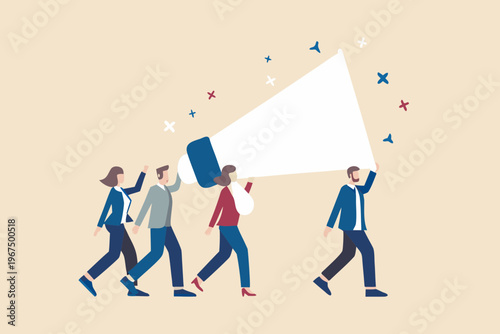Teamwork and communication concept with people carrying a large megaphone
