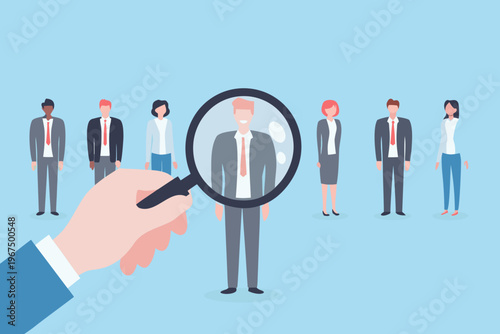 A hand uses a magnifying glass to focus on one person in a lineup