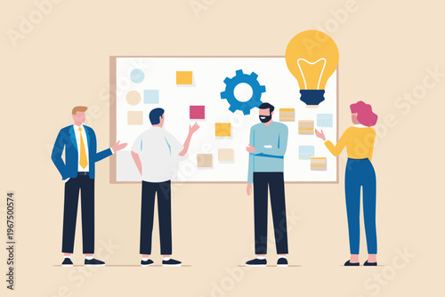 Team brainstorming ideas using a whiteboard and post it notes