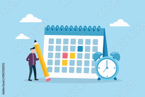 Planning and scheduling a person marking dates on a calendar with time